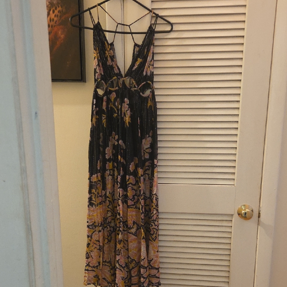 EUC XS Anthropologie Black and Pink Floral Maxi Dress